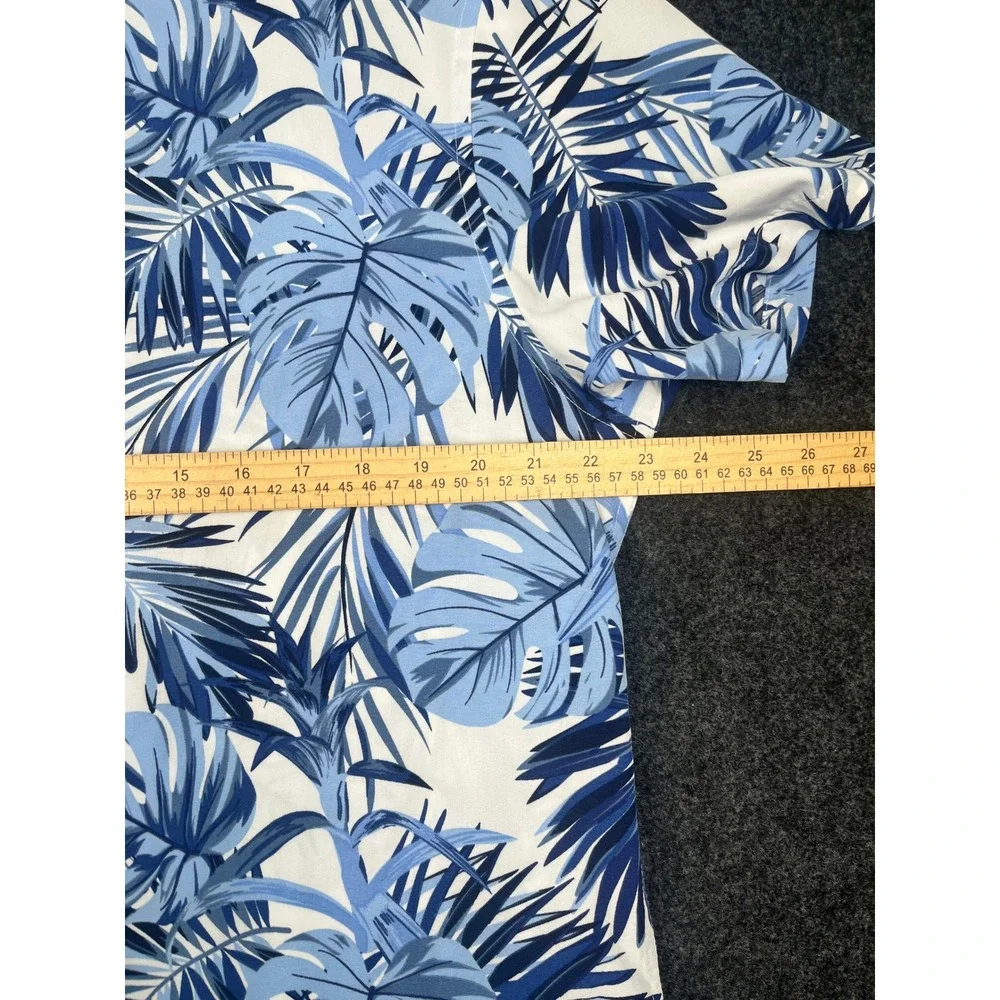 Cotton & Co Tropical Palm Leaf Button Down Shirt Mens Large Blue‎ White Hawaiian
